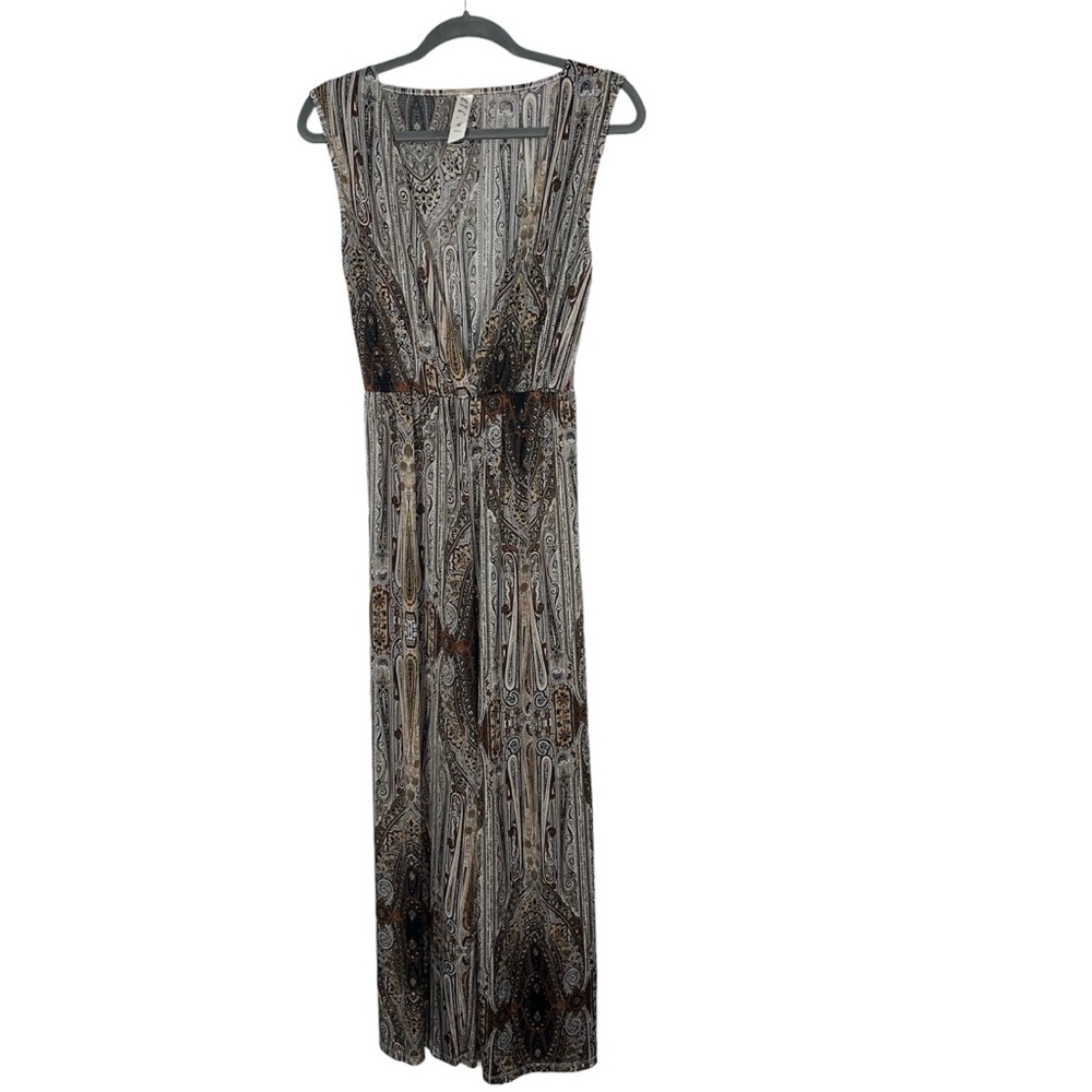 ETC. Jumpsuit Flared‎ Leg Sleeves V-Cut Multicolor Strechy Waistband Size Large